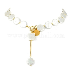 Adjustable White Shell Pearl Coin Bead Lariat Necklaces with 304 Stainless Steel OT Clasps&nbsp;NJEW-JN06027