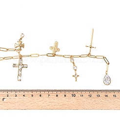 304 Stainless Steel Pave Clear Cubic Zirconia Religion Cross Teardrop Pendant Y Long Tassl Lariat Necklaces for Women&nbsp;NJEW-G199-04G