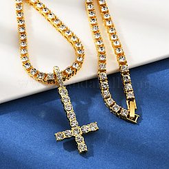 Alloy Full Crystal Rhinestone Christian Inverted Cross Pendant Necklaces&nbsp;NJEW-P333-01G