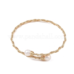 Natural Cultured Freshwater Pearl Rice Wire Wrapped Brass Cuff Bangles for Women&nbsp;BJEW-JB14301