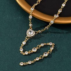 Brass Pave Cubic Zirconia Heart Pendant Y Tassel Necklaces for Women&nbsp;NJEW-A071-01G-08