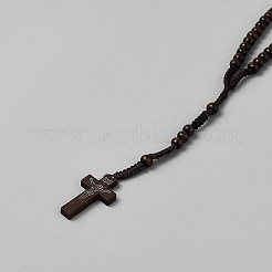 Jesus Cross Pinewood Pendant Polyester Cord Rosary Bead Necklaces for Men Women&nbsp;NJEW-WH0002-243B