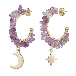 Moon & Star Natural Mixed Gemstone Chip Dangle Half Hoop Earrings&nbsp;EJEW-JE05900