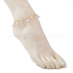 3Pcs 3 Styles Natural Aquamarine & White Moonstone & Green Aventurine Chip & Round Shell Pearl Cross Tassel Anklets&nbsp;AJEW-AN00716