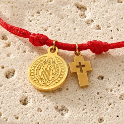 304 Stainless Steel Round Tag Religon Cross Charm Nylon Wax Cord Bracelet Bracelet Sets&nbsp;CJ0678-1