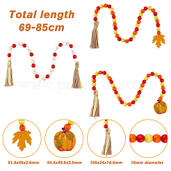 Natural Wood Beaded Pendant Decorations with Tassel Hemp Rope&nbsp;HJEW-AB00040