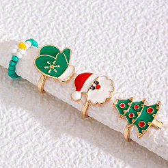 Christmas Theme Santa Claus & Christmas Tree & Glove Alloy Enamel & Flower Glass Seed Beaded Finger Rings Sets&nbsp;FS-WGEF6A6-01