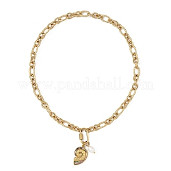 Ocean Natural Paua Shell 304 Stainless Steel Sea Animals & Rice Natural Pearl Pendant Figaro Chain Necklaces&nbsp;NJEW-JN06304