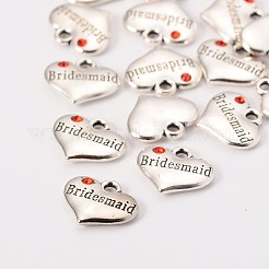 Wedding Theme Antique Silver Tone Tibetan Style Heart with Bridesmaid Rhinestone Charms&nbsp;X-TIBEP-N005-04B