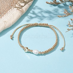 Brass & Natural Pearl Braided Bead Bracelets&nbsp;BJEW-JB09721-03