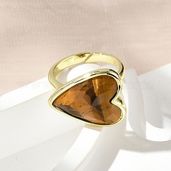 Heart Brass Natural Tiger Eye Finger Rings&nbsp;X-RJEW-D304-01G-D
