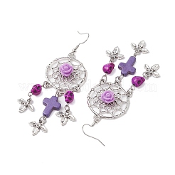 Woven Web/Net with Cross & Skull Synthetic Turquoise Dangle Earrings&nbsp;EJEW-JE05865-02