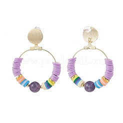 Natural Amethyst & Polymer Clay Beaded Big Ring Dangle Stud Earrings&nbsp;EJEW-TA00075-01
