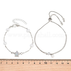 Brass Pave Clear AB Cubic Zirconia Bowknot Star Link Bracelet Sets for Women&nbsp;KK-CBA6599-03P