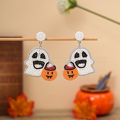 Halloween Ghost with Pumpkin Glass Seed Beaded Dangle Stud Earrings&nbsp;FS-WGC1EA3-01