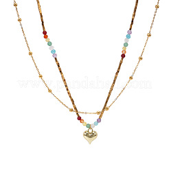 Rainbow Natural Mixed Stoned Beaded Double Layer Necklaces with Stainless Steel Heart Pendant for Beach Vacation&nbsp;KB9378-1