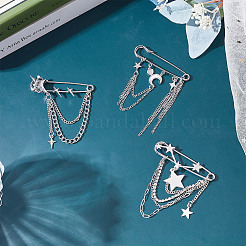 3Pcs 3 Styles Star & Moon Alloy Rhinestone Safety Pin&nbsp;JEWB-HY0001-46
