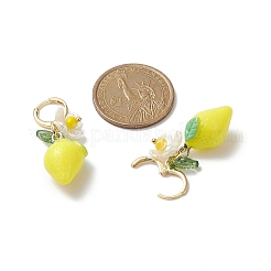 Lemon Resin with Leaf & Imitation Pearl Flower Dangle Leverback Earrings&nbsp;EJEW-TA00192