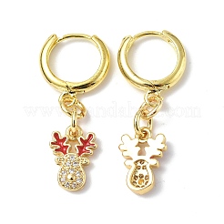 Clear Cubic Zirconia Christmas Elk Dangle Hoop Earrings with Enamel&nbsp;EJEW-B017-18G