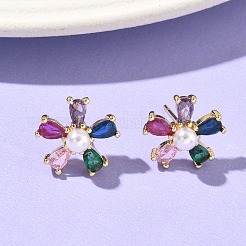 Flower Brass Cubic Zirconia Stud Earrings&nbsp;EJEW-P336-06G