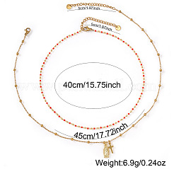 Red Glass Beaded Chain Double Layer Necklaces with Stainless Steel Religion Virgin Cross Pendant&nbsp;QR8888-1