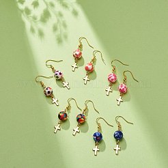 Resin Round Bead with Cross Dangle Earrings&nbsp;EJEW-JE05056
