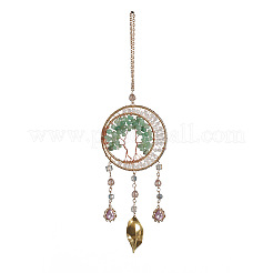 Brass Wire Wrapped Natural Green Aventurine Chips Tree of Life Pendant Decorations&nbsp;HJEW-D302-07A