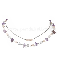 2Pcs 2 Styles Natural Amethyst Chip & Glass & 304 Stainless Steel Handmade Link Chain Double Layer Necklaces for Women&nbsp;NJEW-JN05363