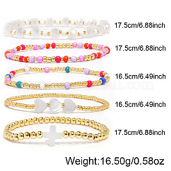 Natural Shell Cross Heart & Glass & Brass Beaded Stretch Bracelet Sets&nbsp;XW5962