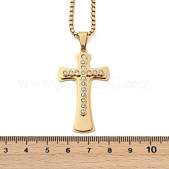 201 Stainless Steel Clear Cubic Zirconia Religion Cross Pendant Box Chain Necklaces for Men&nbsp;NJEW-S387-06G