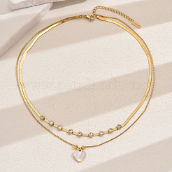 201 Stainless Steel Pave Natural Shell & Crystal Rhinestone Heart Pendant Double Layer Necklaces for Elegant Ladies' Date Party&nbsp;VQ9886