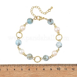Natural Larimar & Cultured Freshwater Pearl Brass Link Bracelets for Women&nbsp;BJEW-JB14409