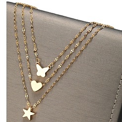 3Pcs 3 Styles Alloy Star/Heart/Butterfly Pendant Dapped Chain Necklaces Sets for Women&nbsp;PW-WGED6D9-01