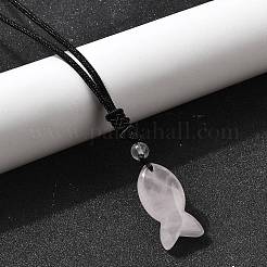 Natural Rose Quartz Fish Pendant Black Nylon Cord Necklaces&nbsp;NJEW-G185-01G