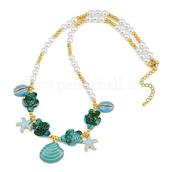 Ocean Brass Enamel Starfish Shell Shape Pendant Round ABS Imitation Pearl Beaded Necklaces&nbsp;KK-CBA4547-04B-G