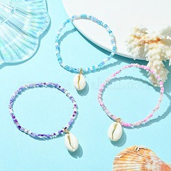 3Pcs 3 Color Glass Seed Beaded Stretch Bracelets Set with Natural Shell Charms&nbsp;BJEW-JB09660