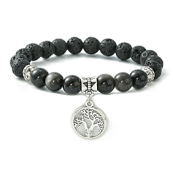 Natural Lava Rock & Silver Obsidian Beaded Stretch Bracelet with Alloy Charms&nbsp;BJEW-JB09453
