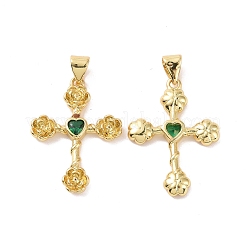 Cross with Flower Brass Micro Pave Cubic Zirconia Pendants&nbsp;KK-G435-06G
