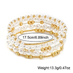 5Pcs 5 Styles Brass & Imitation Pearl Round Beads Stretch Bracelets&nbsp;QX7837-1