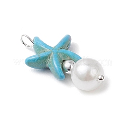 Dyed Synthetic Turquoise Starfish & ABS Plastic Imitation Pearl Pendants&nbsp;PALLOY-JF03794