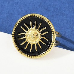 Flat Round with Sun Pattern 304 Stainless Steel Enamel Finger Rings for Women&nbsp;RJEW-G355-05G