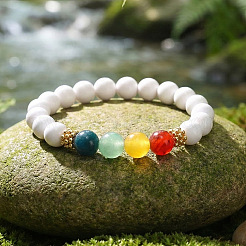 Round Natural Mixed Stone and Acrylic Imitation Pearl Beaded Stretch Bracelets for Women&nbsp;CO7250