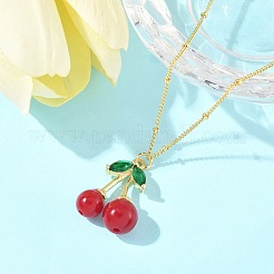 Brass Resin Fruit Cherry Pendant Satellite Chain Necklaces with Green Cubic Zirconia Leaf for Women&nbsp;NJEW-D306-03G