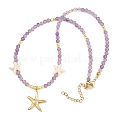 Synthetic Turquoise & Natural Amethyst Faceted Round Beaded Starfish 304 Stainless Steel Pendant Necklaces for Women&nbsp;NJEW-JN05459