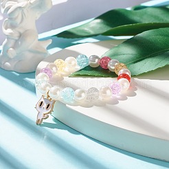 Candy Color Round Beaded Stretch Bracelet with Enamel Charm for Kid&nbsp;BJEW-JB07637