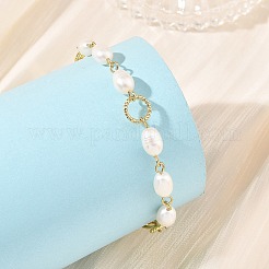 Natural Cultured Freshwater Pearl Rice Brass Paperclip Chain Bracelets with OT Clasps for Women&nbsp;BJEW-JB14331