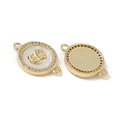 Brass Micro Pave Clear Cubic Zirconia and Natural Shell Flat Round with Dollar Sign Connector Charms&nbsp;KK-Z115-07G