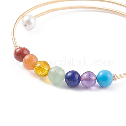 7 Chakra Mixed Gemstone Round Beaded Bangle with Shell Pearl&nbsp;BJEW-JB07839