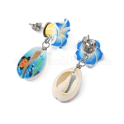 Handmade Polymer Clay 3D Flower Plumeria & Flower Word Printed Cowrie Shell Dangle Stud Earrings for Women&nbsp;EJEW-JE07483