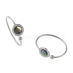 Natural Paua Shell Flat Round 304 Stainless Steel Open Cuff Bangles with Round Ball&nbsp;BJEW-JB14371